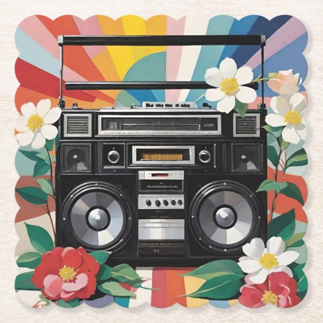 Retro Boombox Med Regnbågar Och Blommor Underlägg Papper (Framsida)
