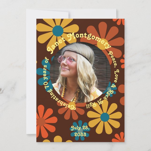 Retro Boomer Flower Power Photo Birthday Inbjudningar (Framsida)
