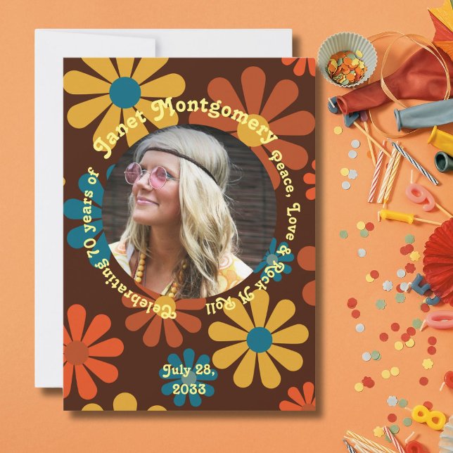 Retro Boomer Flower Power Photo Birthday Inbjudningar (Skapare uppladdad)