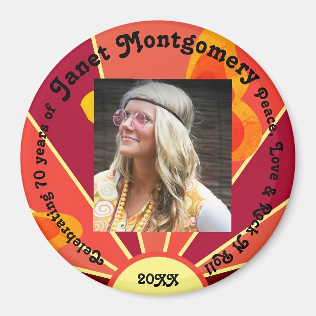 Retro Boomer Hippy Sunrise Foto Birthday Magnet (Framsidan)