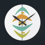 Retro Boomerang Aqua Orange Grönt Mid Century Rund Klocka<br><div class="desc">I funkyns mitt århundrade har den moderna köksklockan en boomerang och rektangulära former i färg av akvblått,  orange,  avokado grönt och blått. Det här kommer att göra en roligt och ett fantastiskt tillägg till muren!</div>