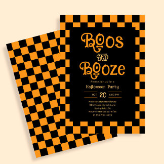 Retro Boos And Booze Halloween Checkered Orange Inbjudningar