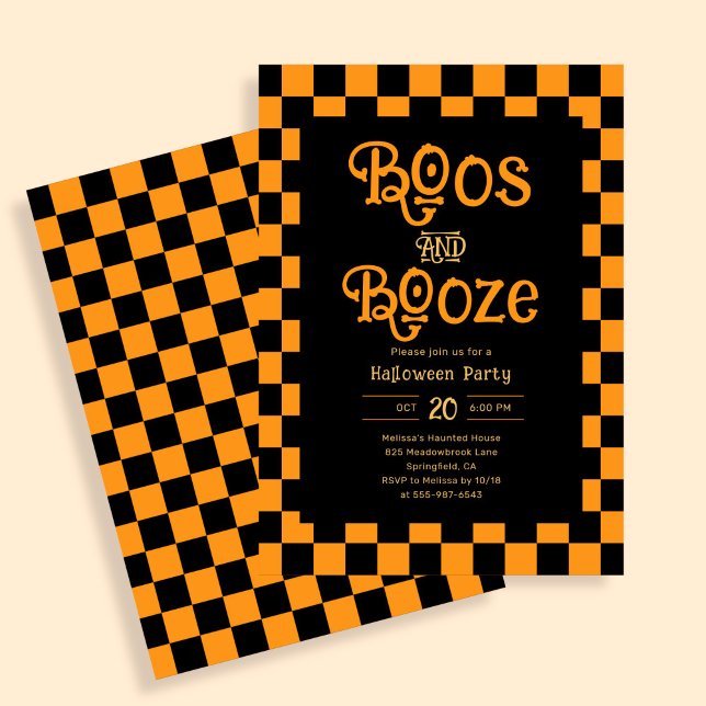 Retro Boos And Booze Halloween Checkered Orange Inbjudningar (Skapare uppladdad)