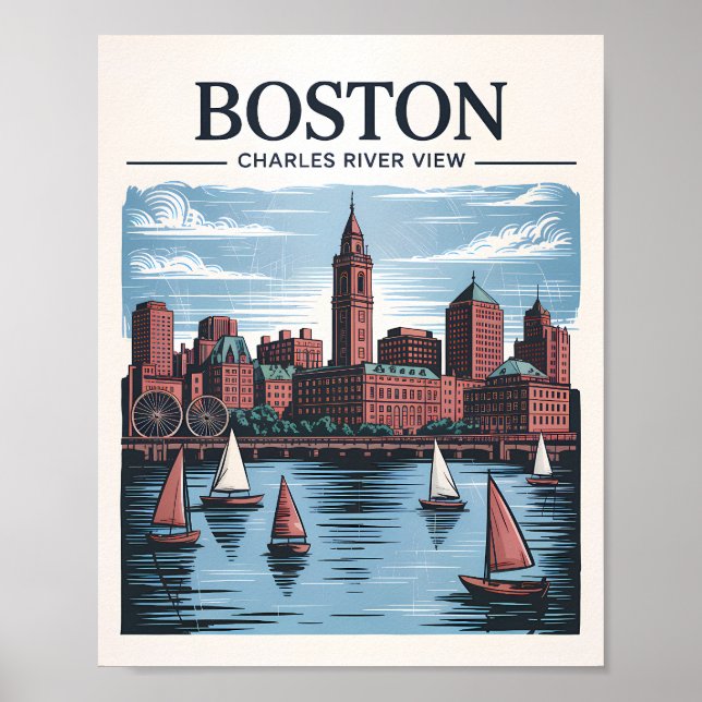 Retro Boston Sailboat Massachusetts Skyline Travel Poster (Framsidan)
