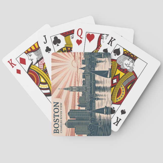 Retro Boston Segelbåtar Stadssiluett Konst Klassis Casinokort (Baksidan)
