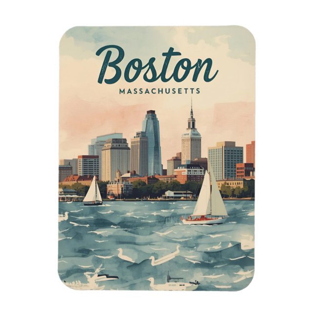 Retro Boston Siluett & Segelbåtar | Massachusetts Magnet (Vertikal)