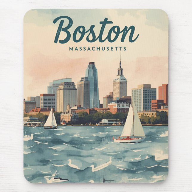 Retro Boston Siluett & Segelbåtar | Massachusetts Musmatta (Framsidan)