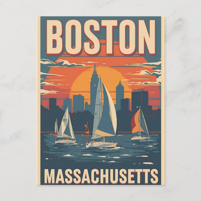 Retro Boston Siluett & Segelbåtar | Massachusetts Vykort (Framsida)