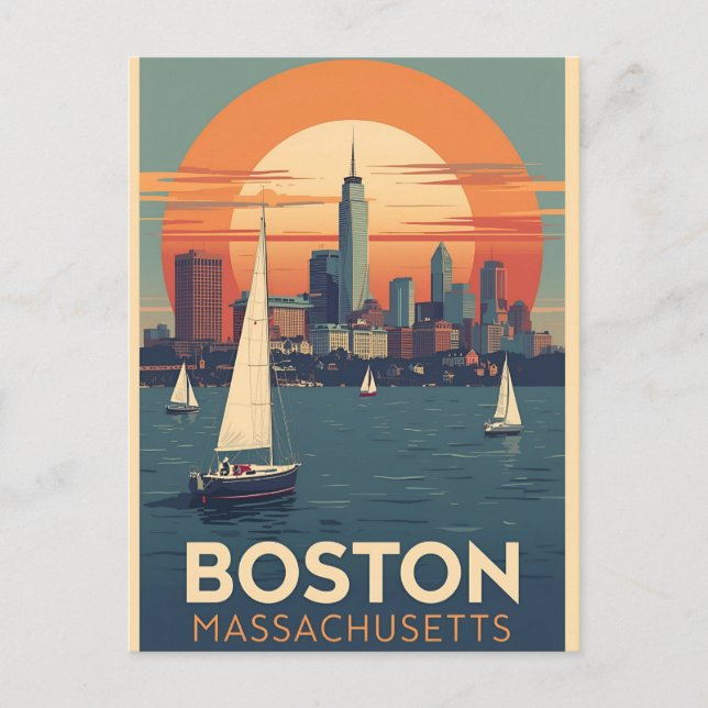 Retro Boston Siluett & Segelbåtar | Massachusetts Vykort (Framsida)