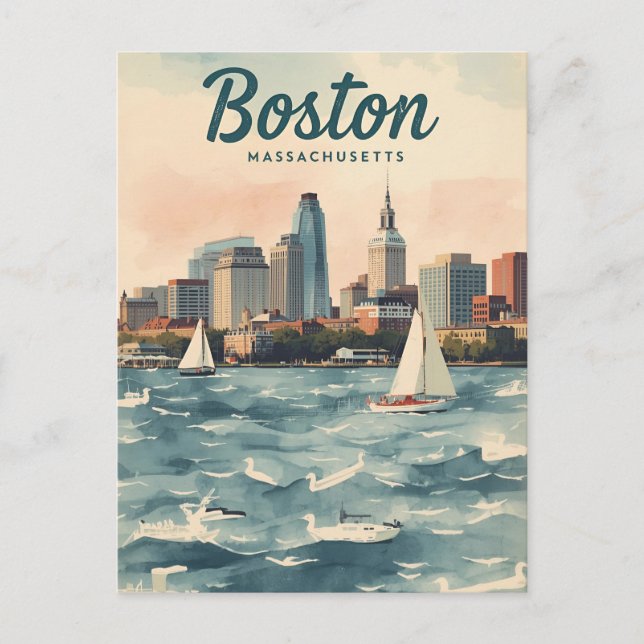 Retro Boston Siluett & Segelbåtar | Massachusetts Vykort (Framsida)