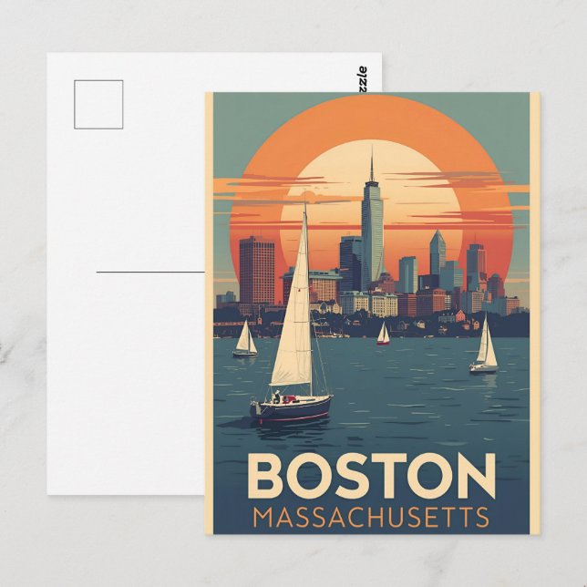 Retro Boston Skyline och segelbåtar | Massachusett Vykort (Fram/baksida)