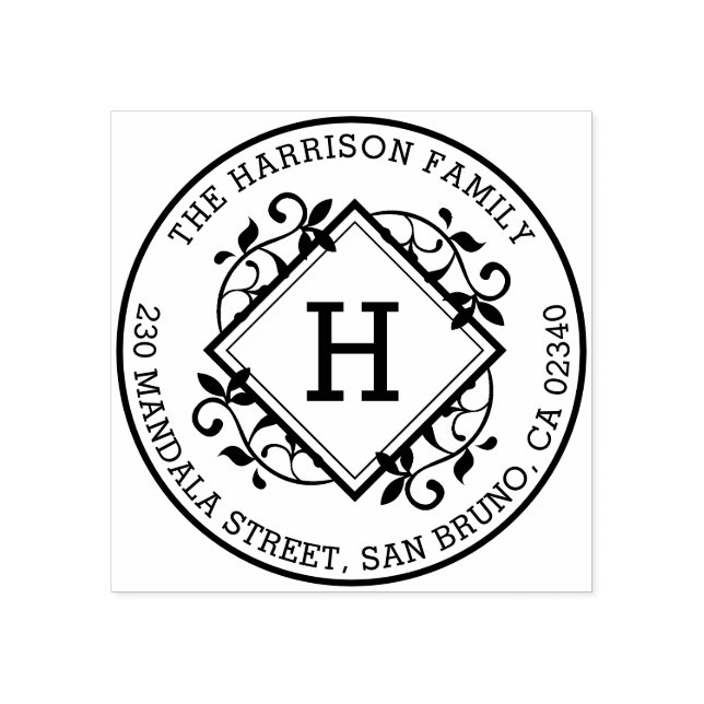 Retro Botanical Round Family Namn & Returadress Stämpel (Tryck)