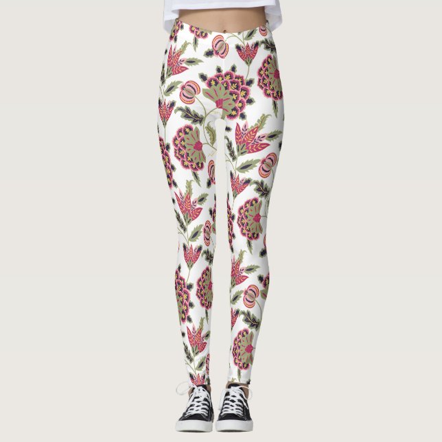Retro Botanisk Damask Boho Mönster  Leggings (Framsida)
