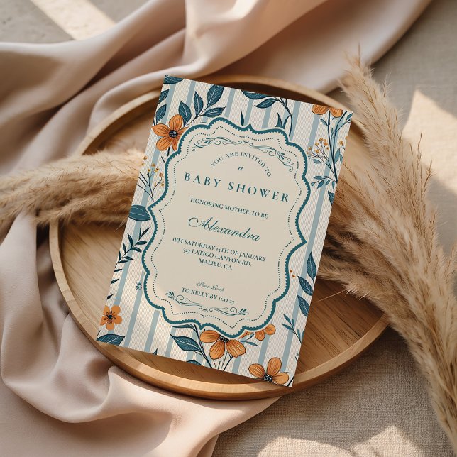 Retro Botanisk Kakel Baby Shower Inbjudningar (Skapare uppladdad)