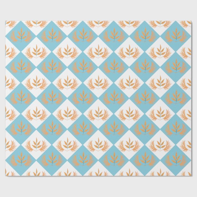 Retro Botaniskt Geometriskt Mönster | Orange Blomm Presentpapper (Platt)