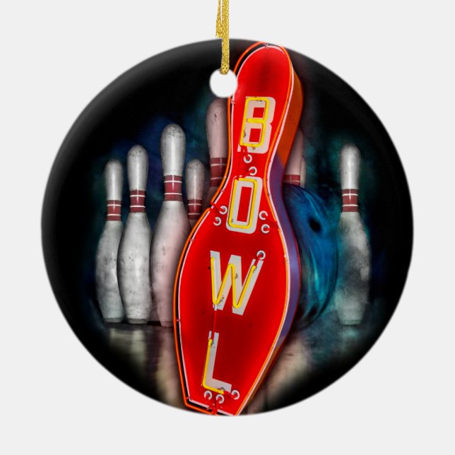Retro Bowl med bowling stift och boll Julgransprydnad Keramik (Baksidan)