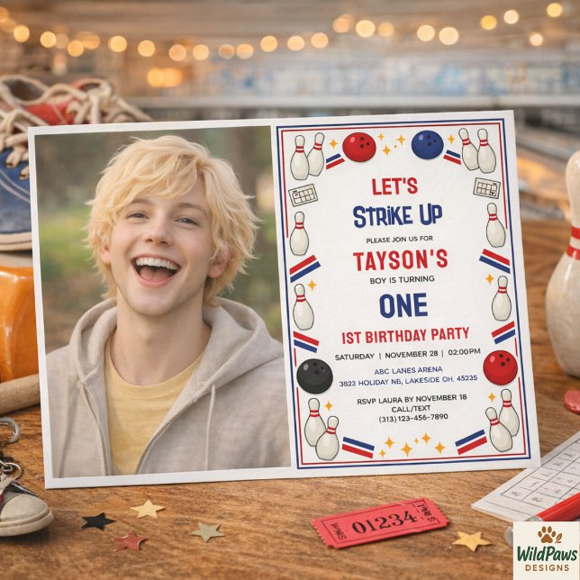 Retro Bowling 1st Birthday Party – Fun Kids  Inbjudningar (Retro Bowling 1st Birthday Party – Fun Kids Invitation
)