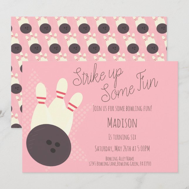 Retro Bowling Alley Födelsedagsfest Rosa-inbjudan Inbjudningar (Fram/baksida)