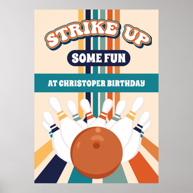 Retro Bowling Barns födelsedag Party-tecken Poster (Framsidan)