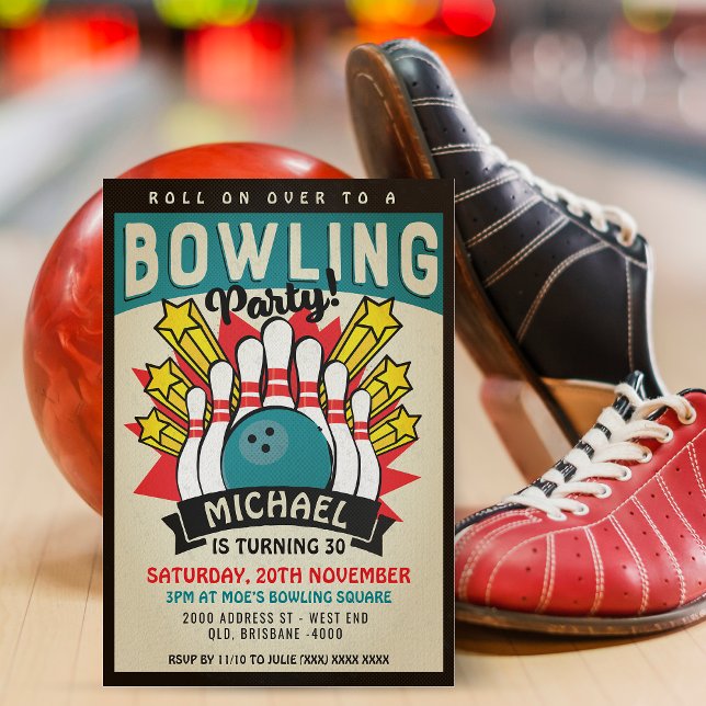 Retro Bowling Födelsedagsfest Inbjudningar (Inspired by retro 60's posters, this fantastic invitation will be right up your alley. )