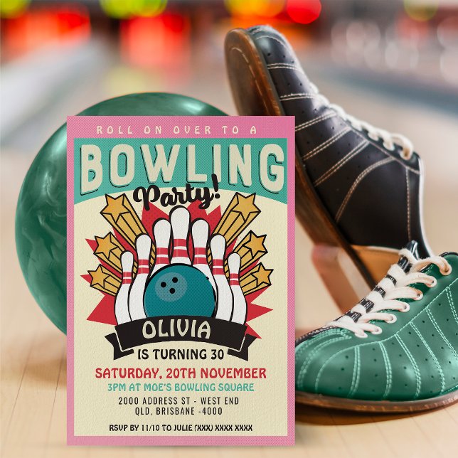 Retro Bowling Födelsedagsfest Inbjudningar (Inspired by retro 60's posters, this fantastic invitation will be right up your alley. )