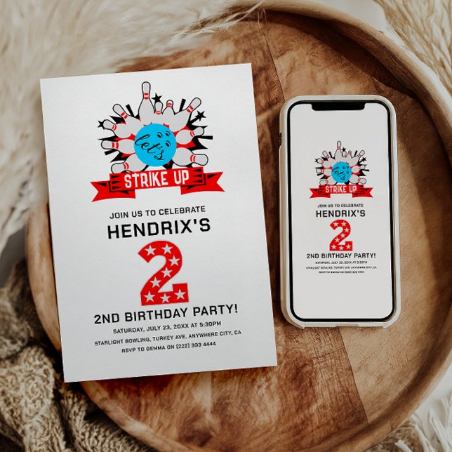 Retro Bowling Kids 2ND Birthday Party Inbjudningar (Retro Bowling Kids 2ND Birthday Party Invitation)