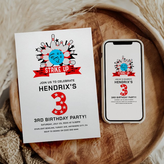 Retro Bowling Kids 3RD Birthday Party Inbjudningar (Retro Bowling Kids 3RD Birthday Party Invitation)