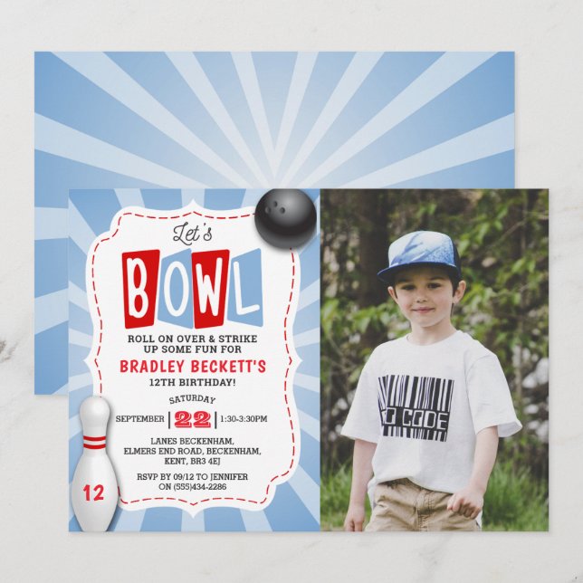Retro Bowling oavsett ålder Foto från födelsedagen Inbjudningar (Fram/baksida)