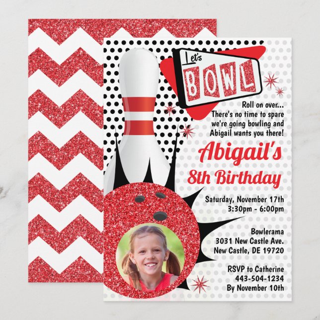 Retro Bowling Party Sock Skutt Pin Up med Photo Inbjudningar (Fram/baksida)