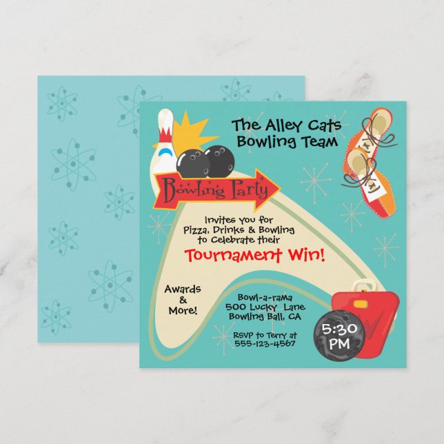 Retro Bowlings Lagtävlingsparty Inbjudningar (Fram/baksida)