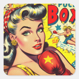 Retro Boxing Girl Tecknads Fyrkantigt Klistermärke