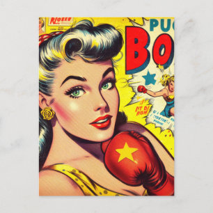 Retro Boxing Girl Tecknads Vykort
