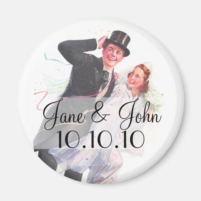 Retro Bride & Groom Bröllop Magnet (Framsidan)