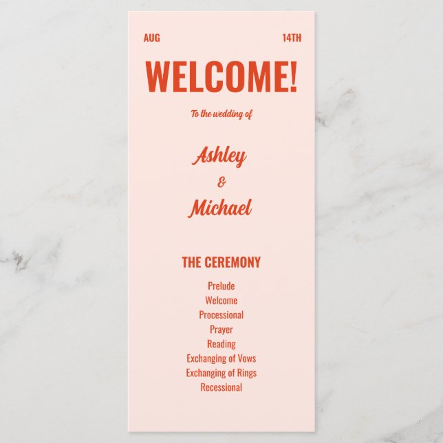 Retro Bright & Colorful Peach Bröllop Program (Framsida)