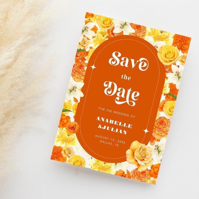 Retro Bright Gult Orange Garden Blommigt Bröllop Spara Datumet (Skapare uppladdad)