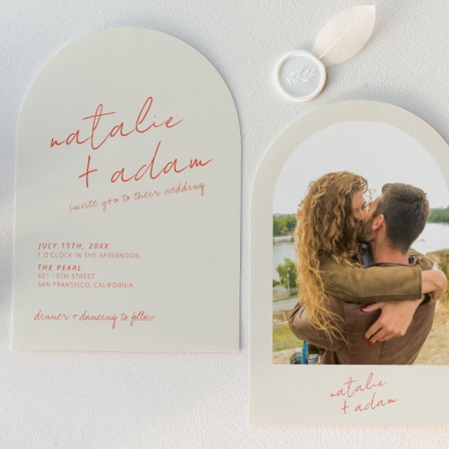 Retro Bright Orange Whimsical Photo Arched Wedding Inbjudningar (Skapare uppladdad)