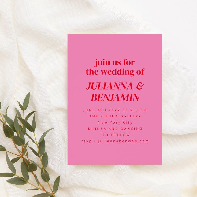 Retro Bright Rosa Red Modern allt på en Bröllop Inbjudningar (Skapare uppladdad)