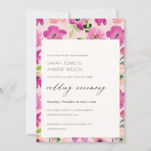 Retro Bright Rosa Roligt Watercolor Blommigt Bröll Inbjudningar