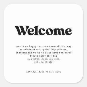 Retro Bröllop Välkommen Gift Bag Basket Fyrkantigt Klistermärke