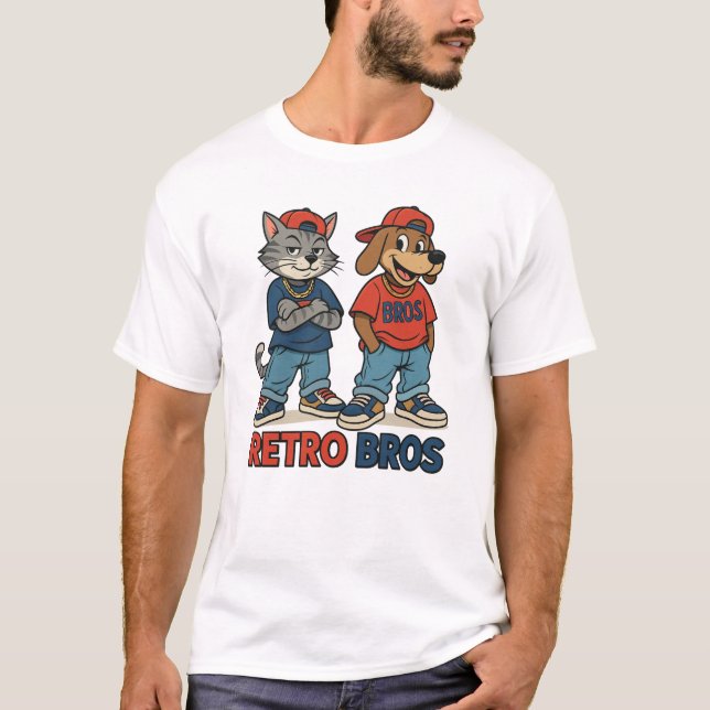 Retro Bros – 90-tals tecknad stil herr basic t-shi T Shirt (Framsida)