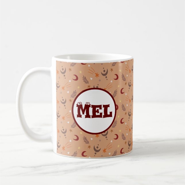 Retro Brown Boho Whimsical Mönster Personlig Kaffemugg (Vänster)