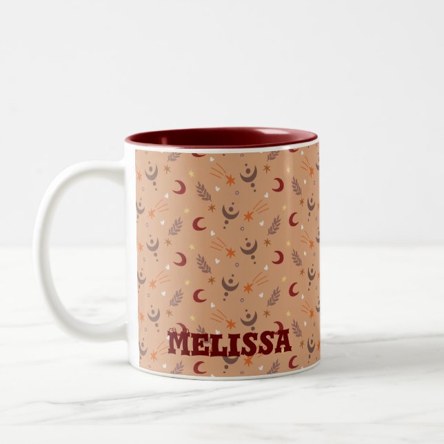 Retro Brown Boho Whimsical Mönster Personlig Två-Tonad Mugg (Vänster)
