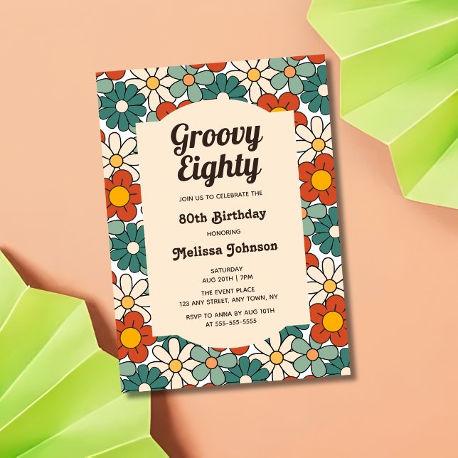 Retro Brown Grönt Blommigt Groovy 80:e födelsedage Inbjudningar (Skapare uppladdad)