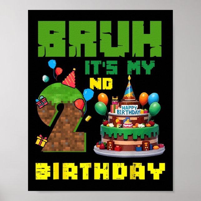 Retro Bruh Det är min 2-års födelsedag Pixel Tårta Poster (Framsidan)