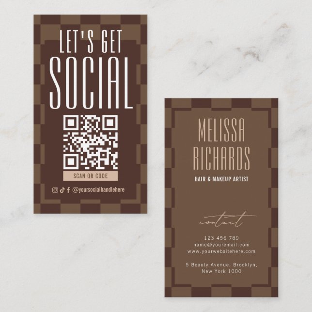Retro Brun & Beige Sociala Media Skannbar QR-kod Visitkort (Fram/baksida)