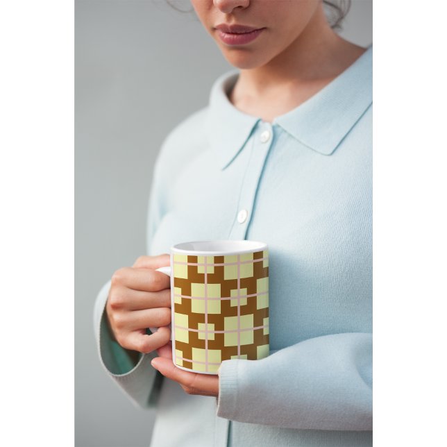 Retro Brun | Krämfärgad Rutigt Mönster Kaffemug  Kaffemugg (Skapare uppladdad)