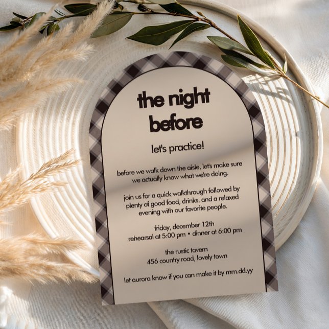 Retro Brun Rutmönstrad Ledig Reperationsmiddag Ark Inbjudningar (Rehearsal Dinner Invitatio from the Casual Brown Plaid wedding collection by Darling & May)