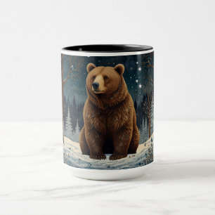 Retro brunbjörn mitt under natten vinterlandskap mugg