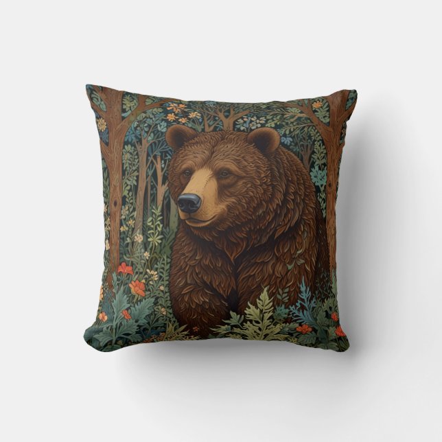 Retro brunbjörnsverk, boho woodland kudde (Framsida)
