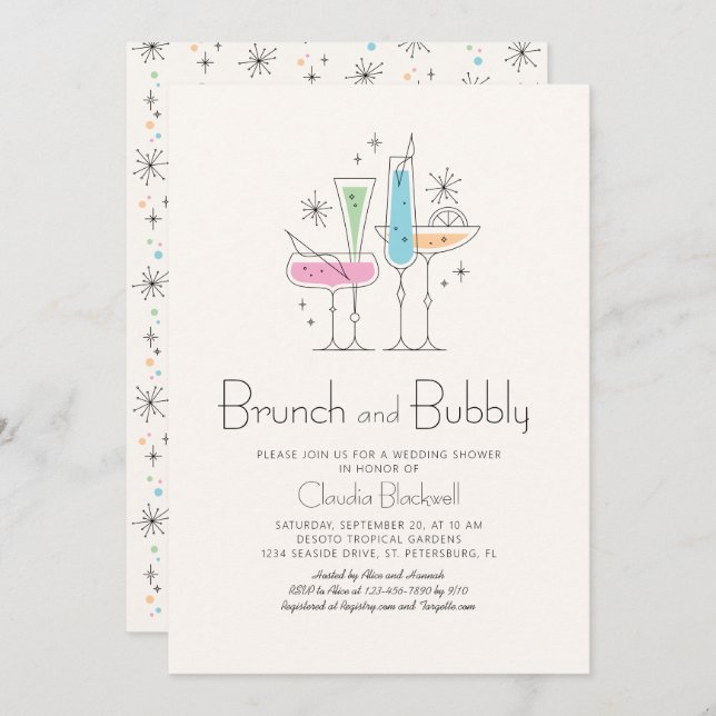 Retro Brunch Bubbly Champagne Bröllopsfest Inbjudningar (Fram/baksida)